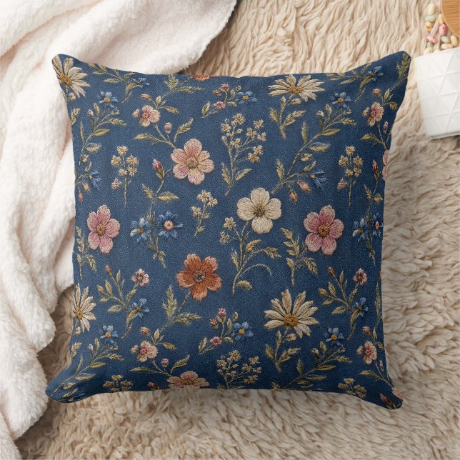 Embroidered plain wildflowers on denim background cushion (Blanket)