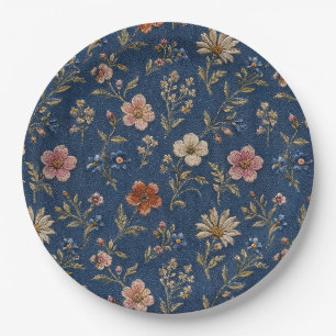Embroidered plain wildflowers on denim background paper plate