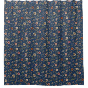Embroidered plain wildflowers on denim background shower curtain
