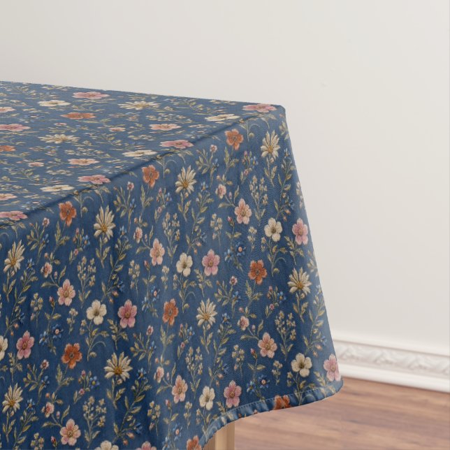 Embroidered plain wildflowers on denim background tablecloth (In Situ)