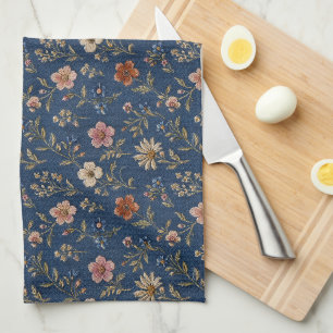 Embroidered plain wildflowers on denim background tea towel
