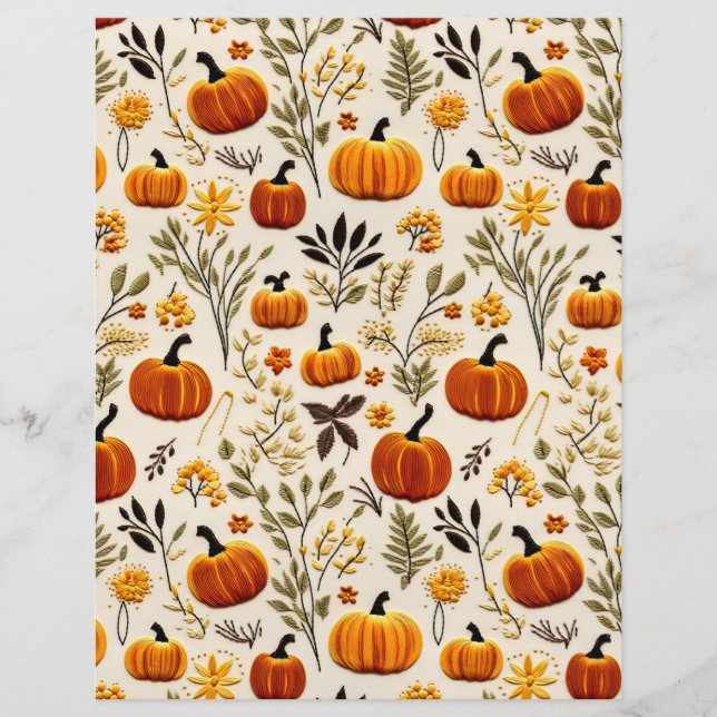embroidered pumpkin fall pattern scrapbook paper (Front)