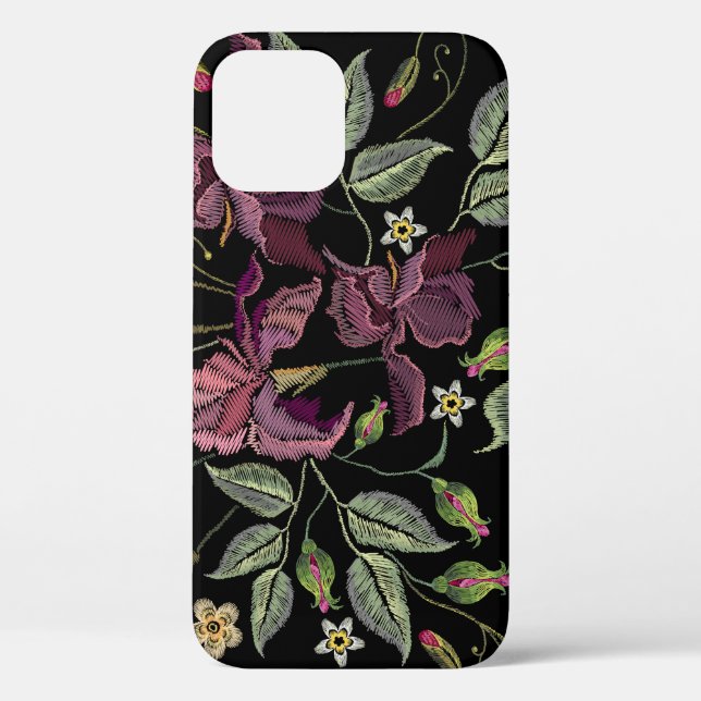 Embroidered Purple Irises Black Background. Case-Mate iPhone Case (Back)