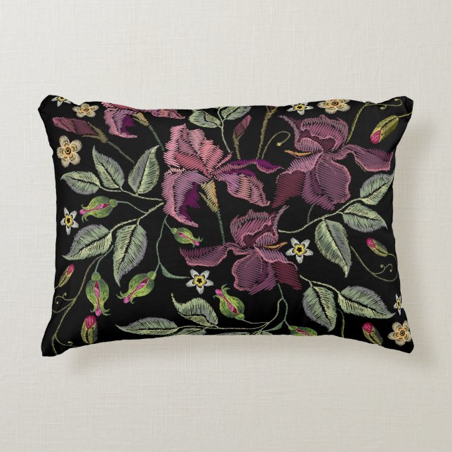 Embroidered Purple Irises Black Background. Decorative Cushion (Front)