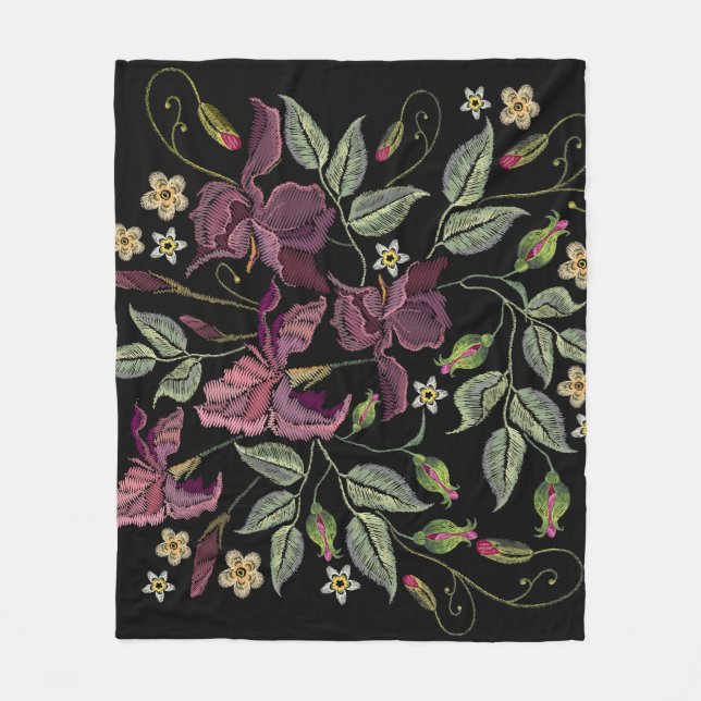 Embroidered Purple Irises Black Background. Fleece Blanket (Front)