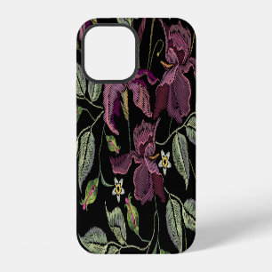 Embroidered Purple Irises Black Background. iPhone 12 Case