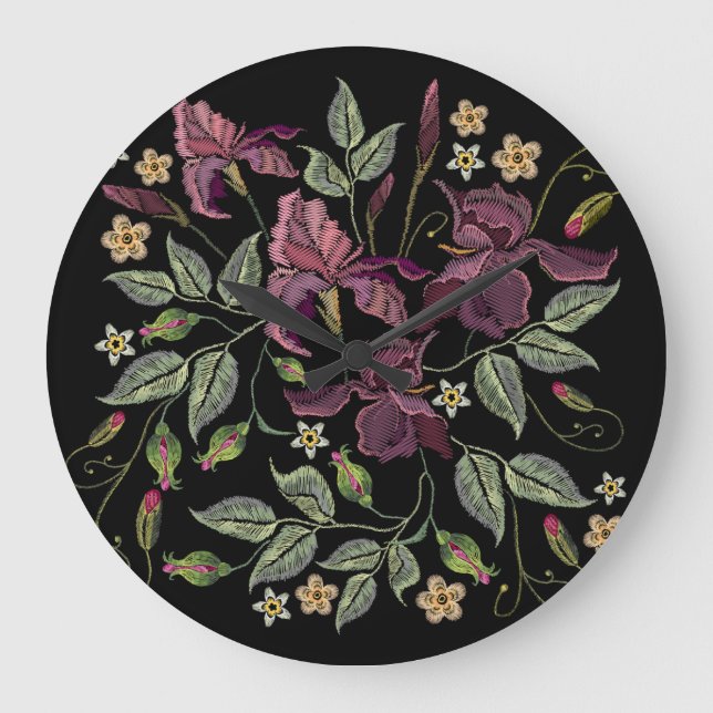 Embroidered Purple Irises Black Background. Large Clock (Front)