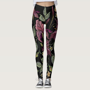 Embroidered Purple Irises Black Background. Leggings