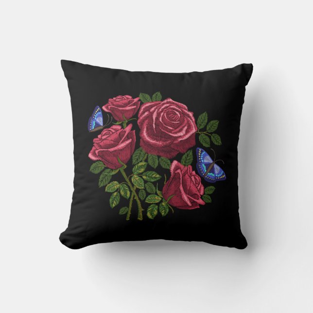 Embroidered Red Roses Green Leaves Blue Butterfly Cushion (Front)