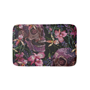 Embroidered Skull: Gothic Orchid Pattern Bath Mat