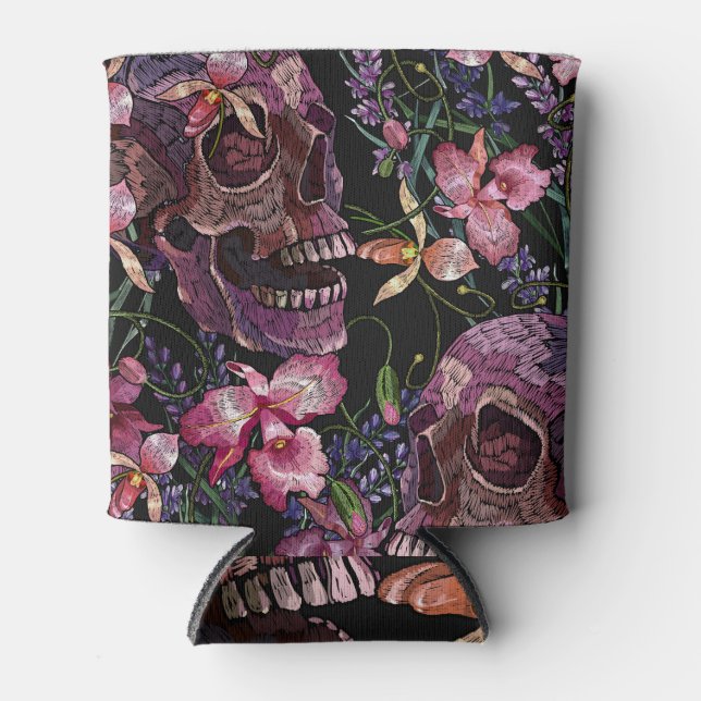 Embroidered Skull: Gothic Orchid Pattern Can Cooler (Front)