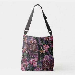 Embroidered Skull: Gothic Orchid Pattern Crossbody Bag