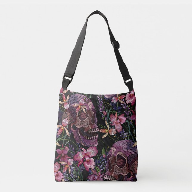 Embroidered Skull: Gothic Orchid Pattern Crossbody Bag (Front)