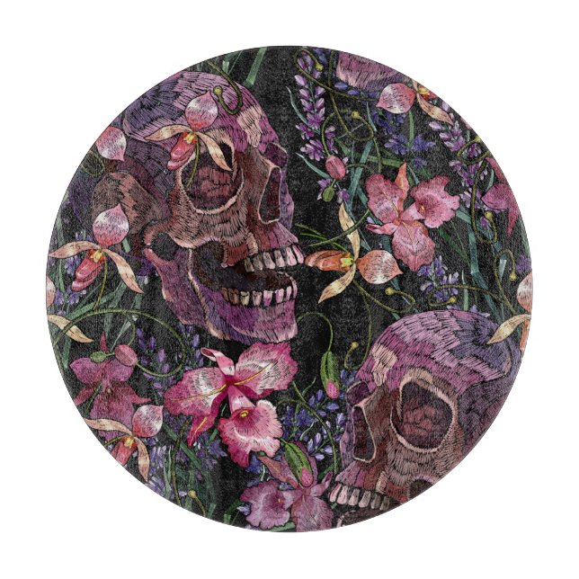 Embroidered Skull: Gothic Orchid Pattern Cutting Board (Front)