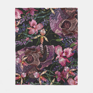 Embroidered Skull: Gothic Orchid Pattern Fleece Blanket