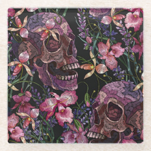 Embroidered Skull: Gothic Orchid Pattern Glass Coaster