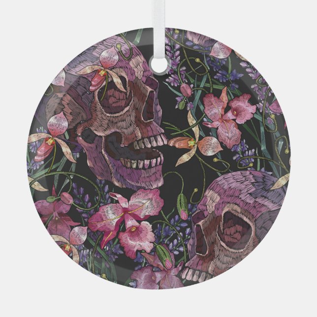 Embroidered Skull: Gothic Orchid Pattern Glass Tree Decoration (Front)