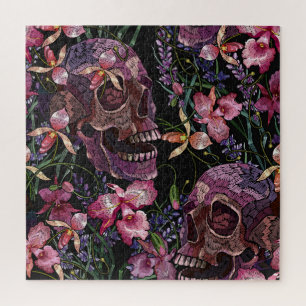 Embroidered Skull: Gothic Orchid Pattern Jigsaw Puzzle