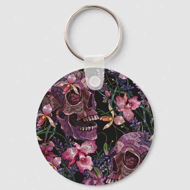 Embroidered Skull: Gothic Orchid Pattern Key Ring (Front)