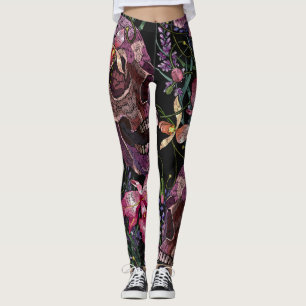 Embroidered Skull: Gothic Orchid Pattern Leggings