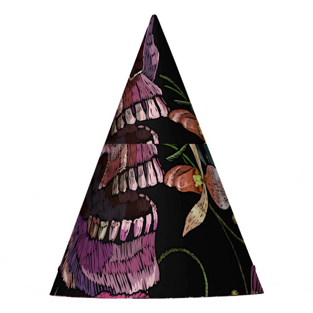 Embroidered Skull: Gothic Orchid Pattern Party Hat (Front)