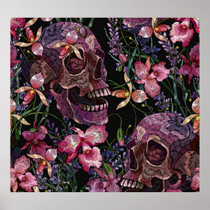 Embroidered Skull: Gothic Orchid Pattern Poster