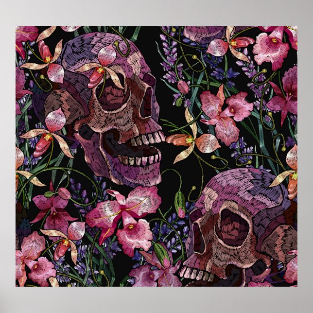 Embroidered Skull: Gothic Orchid Pattern Poster (Front)