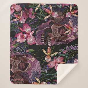 Embroidered Skull: Gothic Orchid Pattern Sherpa Blanket