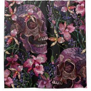 Embroidered Skull: Gothic Orchid Pattern Shower Curtain