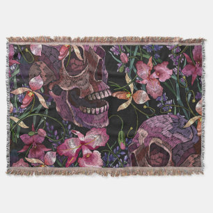 Embroidered Skull: Gothic Orchid Pattern Throw Blanket