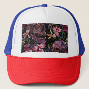 Embroidered Skull: Gothic Orchid Pattern Trucker Hat