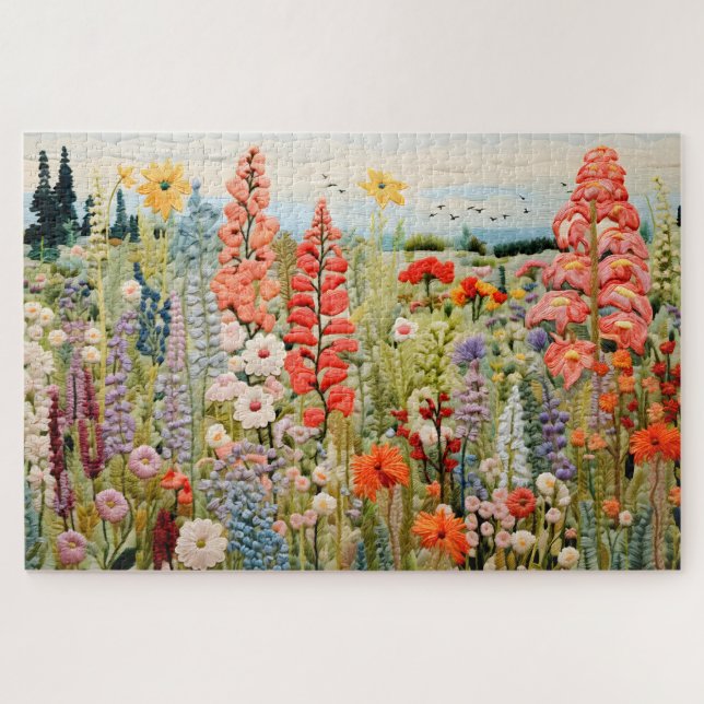 Embroidered Spring Wildflowers Jigsaw Puzzle (Horizontal)