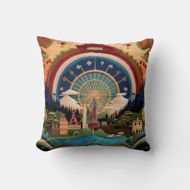 Embroidered-Style Ferris Wheel and Scenic Landscap Cushion (Front)