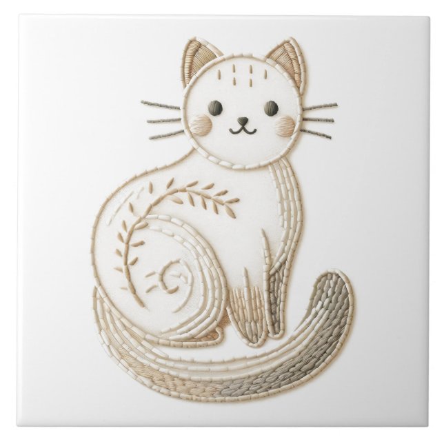 Embroidered Style Neutral Boho Kitty Cat Art Tile (Front)