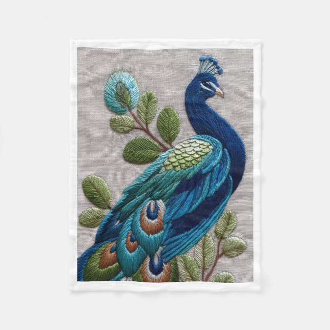 Embroidered Style Peacock and Leaves Fleece Blanke Blanket (Front)