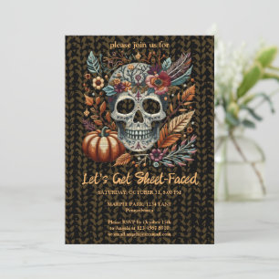Embroidered Sugar Skull Fall Flowers Pastel Gothic Invitation