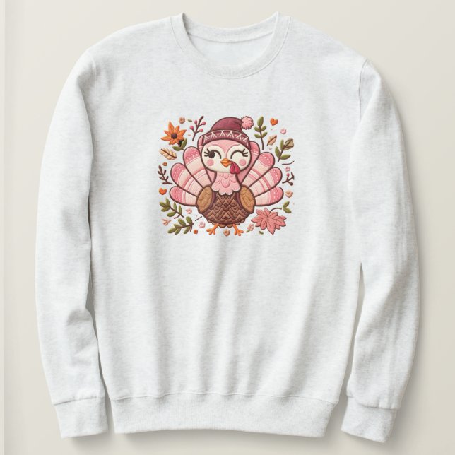 Embroidered Turkey Thanksgiving Sweatshirt (Design Front)