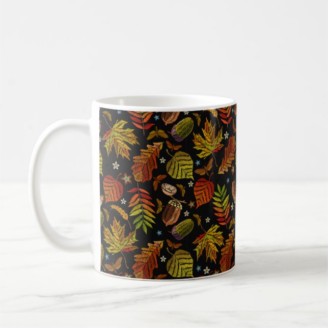Embroidery art. Autumn seamless pattern. Leaves, a Coffee Mug (Left)