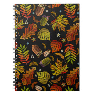 Embroidery art. Autumn seamless pattern. Leaves, a Notebook
