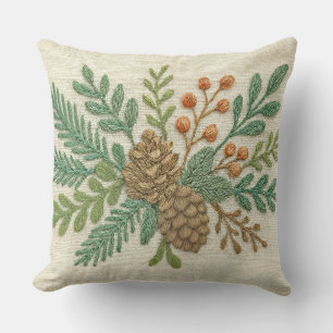 Embroidery Christmas Floral Sprig Pinecone Cushion
