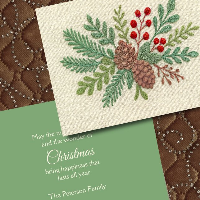 Embroidery Christmas Floral Sprig Pinecone Red Holiday Card (Creator Uploaded)