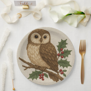 embroidery Christmas Owl with Holly Rustic Paper Plate