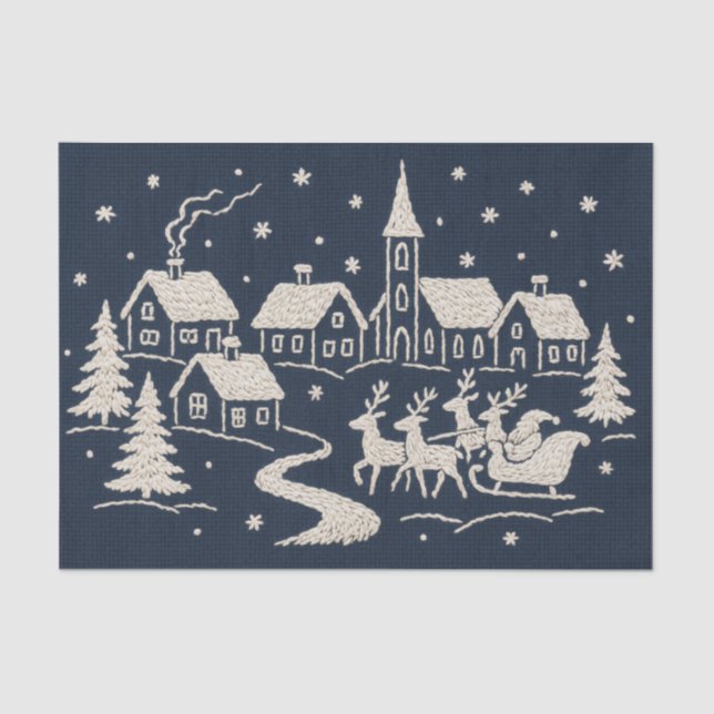 Embroidery Christmas Snow Village Scene Blue White Tissue Paper (Front)
