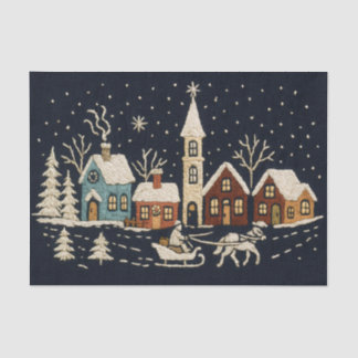 Embroidery Christmas Snowy Village Scene Blue Tissue Paper