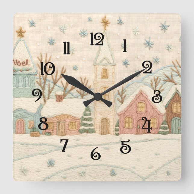 Embroidery Christmas Snowy Village Scene Square Wall Clock (Front)
