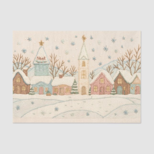 Embroidery Christmas Snowy Village Scene Tissue Paper (Front)