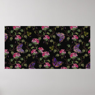 Embroidery datura flowers and butterflies seamless poster