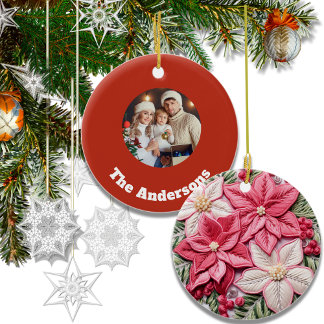 Embroidery Effect Christmas Poinsettia Photo Ceramic Tree Decoration