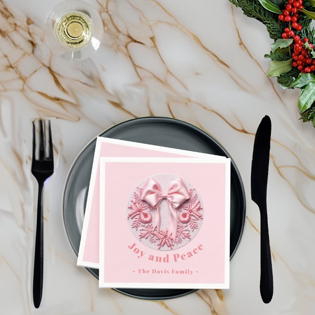 Embroidery Effect Pink Christmas Bow Custom Name Napkin (Creator Uploaded)