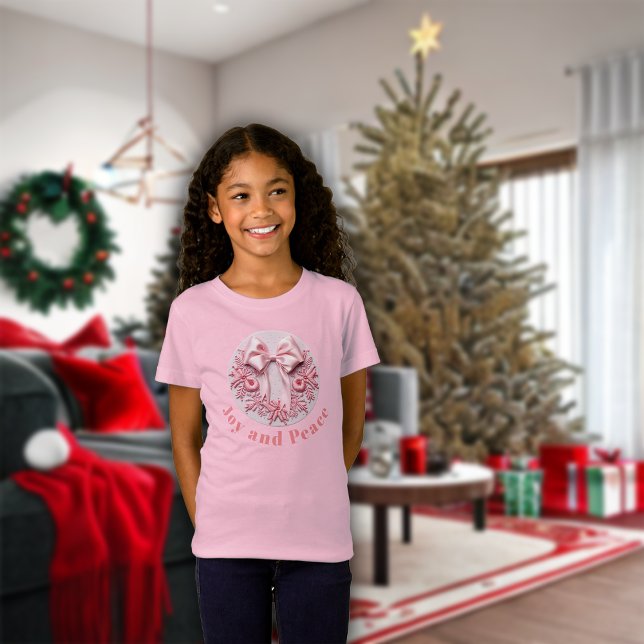 Embroidery Effect Pink Christmas Bow Joy & Peace T-Shirt (Creator Uploaded)